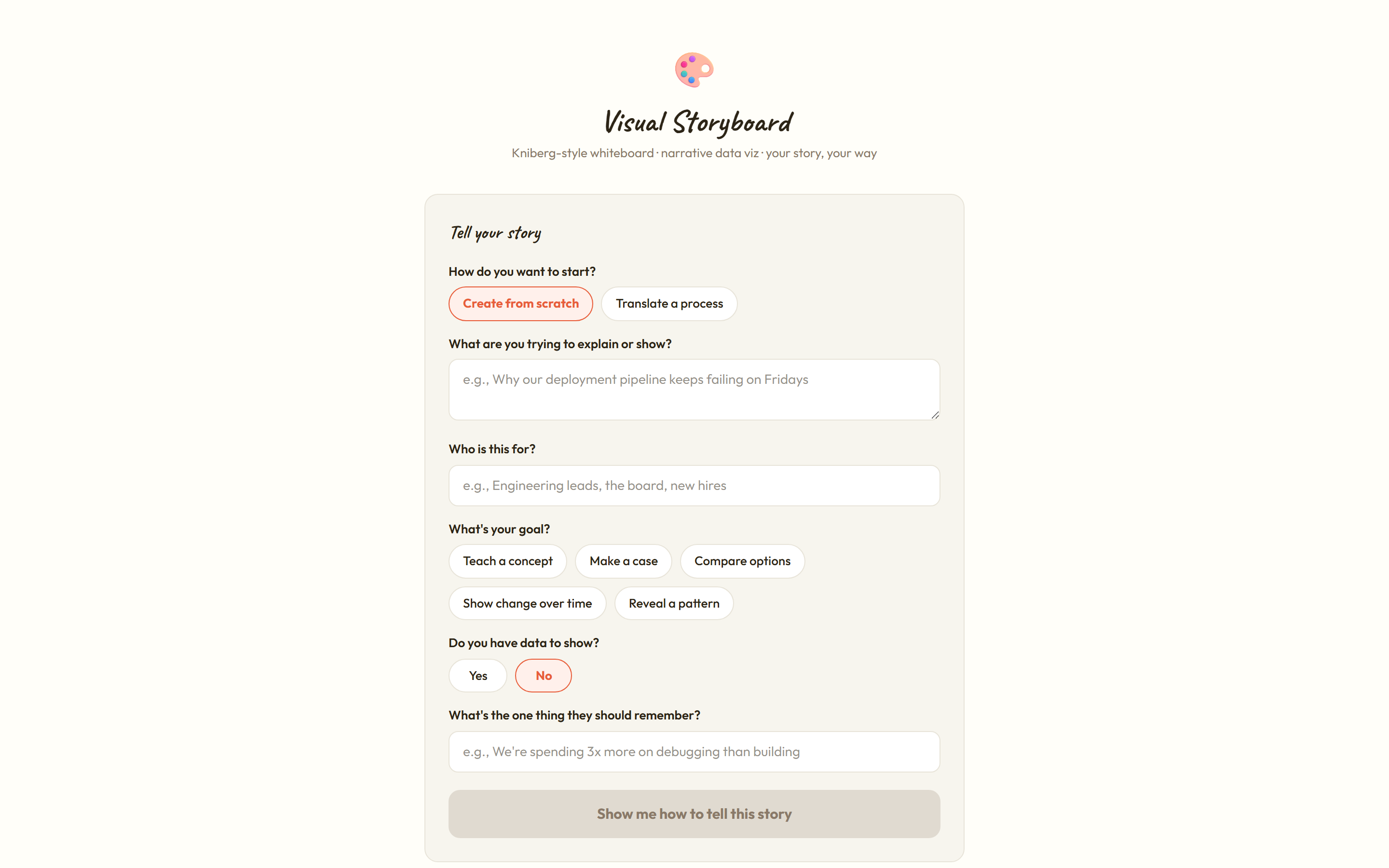 Cream page titled Visual Storyboard with a form asking how to start, what to explain, who it is for, the goal, whether there is data, and the one thing to remember, with a button reading Show me how to tell this story.