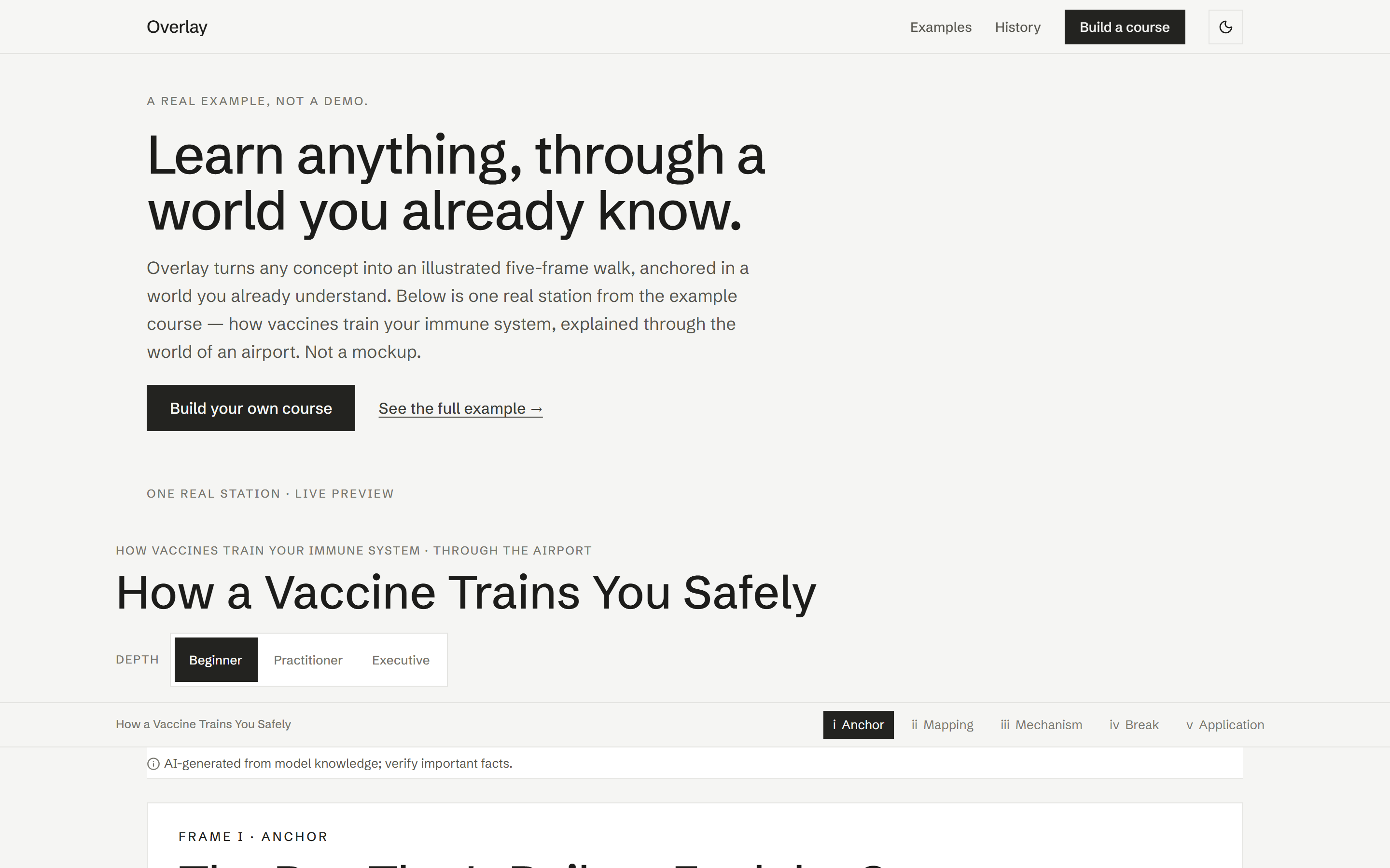 Light web page headed Learn anything, through a world you already know, with Build your own course and See the full example buttons, then a station titled How a Vaccine Trains You Safely with Beginner, Practitioner and Executive depth tabs and five frame tabs.