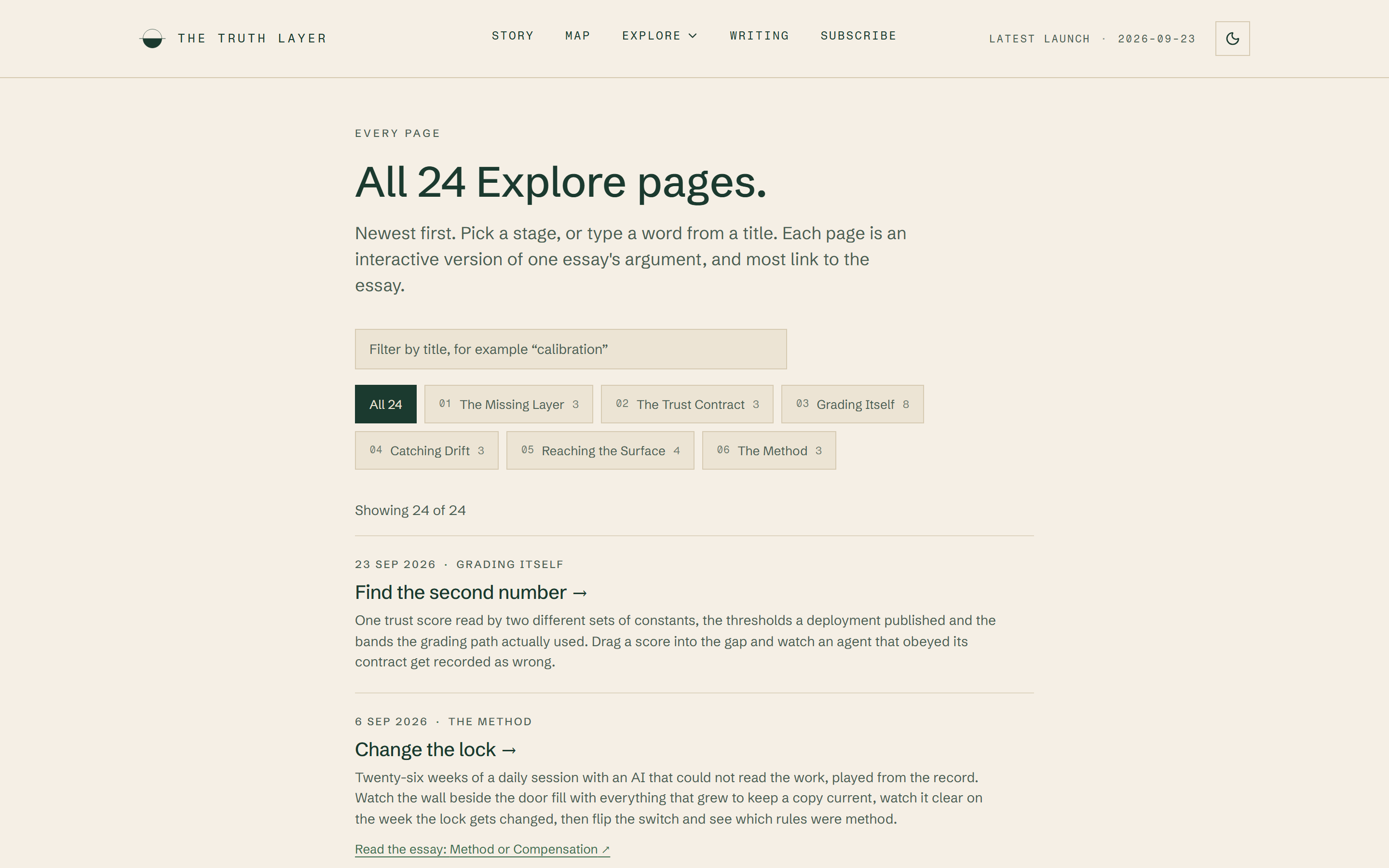 Web page titled All 24 Explore pages with a filter box, six stage chips with counts, and the first two entries, Find the second number and Change the lock, each with a summary paragraph.