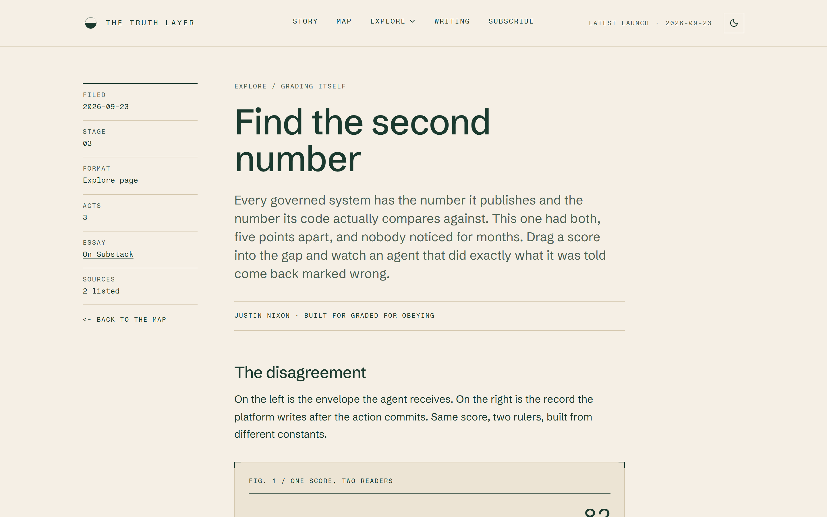 Explore page titled Find the second number with a filed date, stage and format in a left rail, an introduction about a published number and the number the code compares against, and a figure captioned One score, two readers.