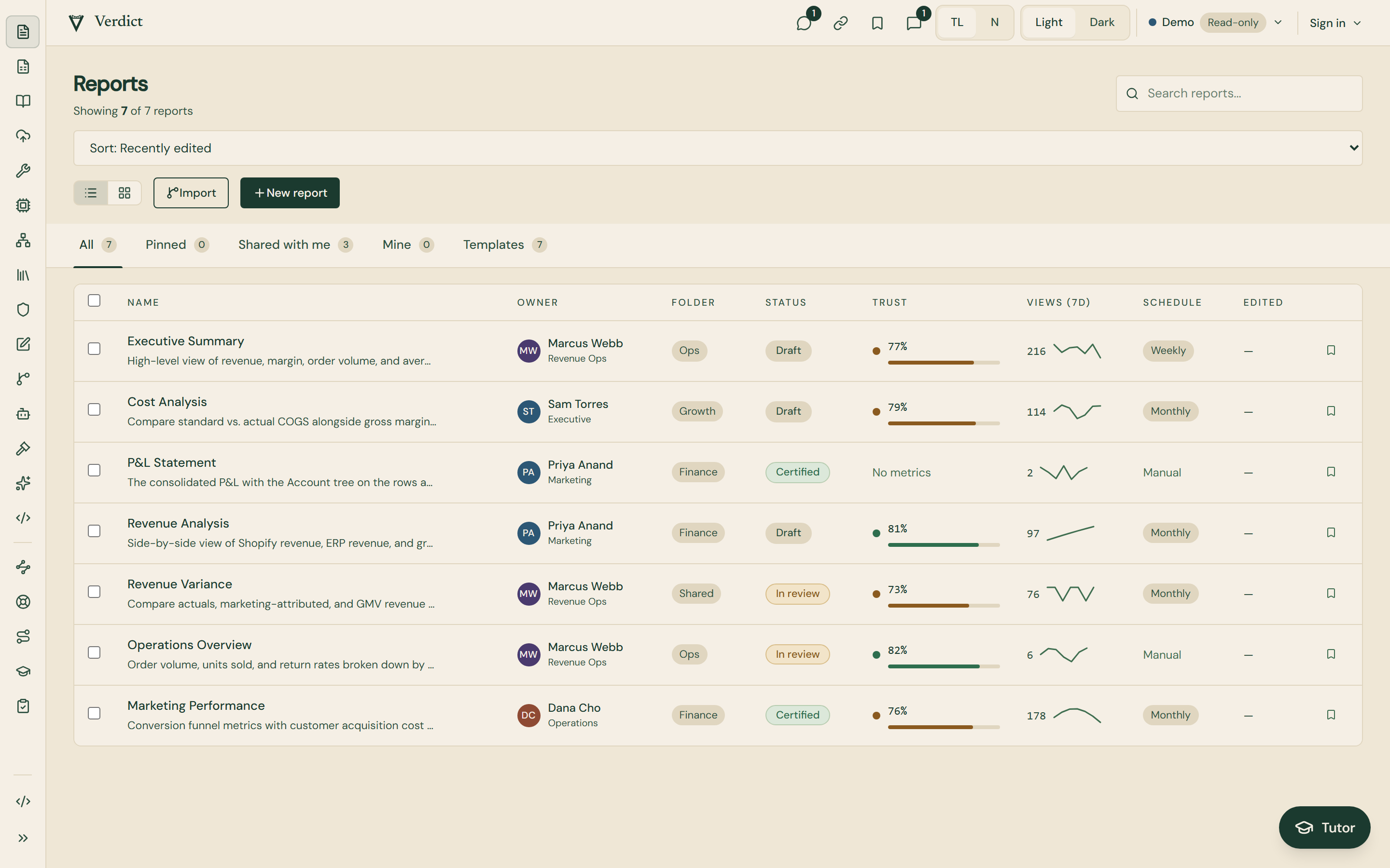 Verdict app showing a Reports table of seven rows with owner, folder, status chips such as Draft and Certified, a trust percentage bar, a seven day views sparkline and a schedule for each report, with an icon sidebar on the left.