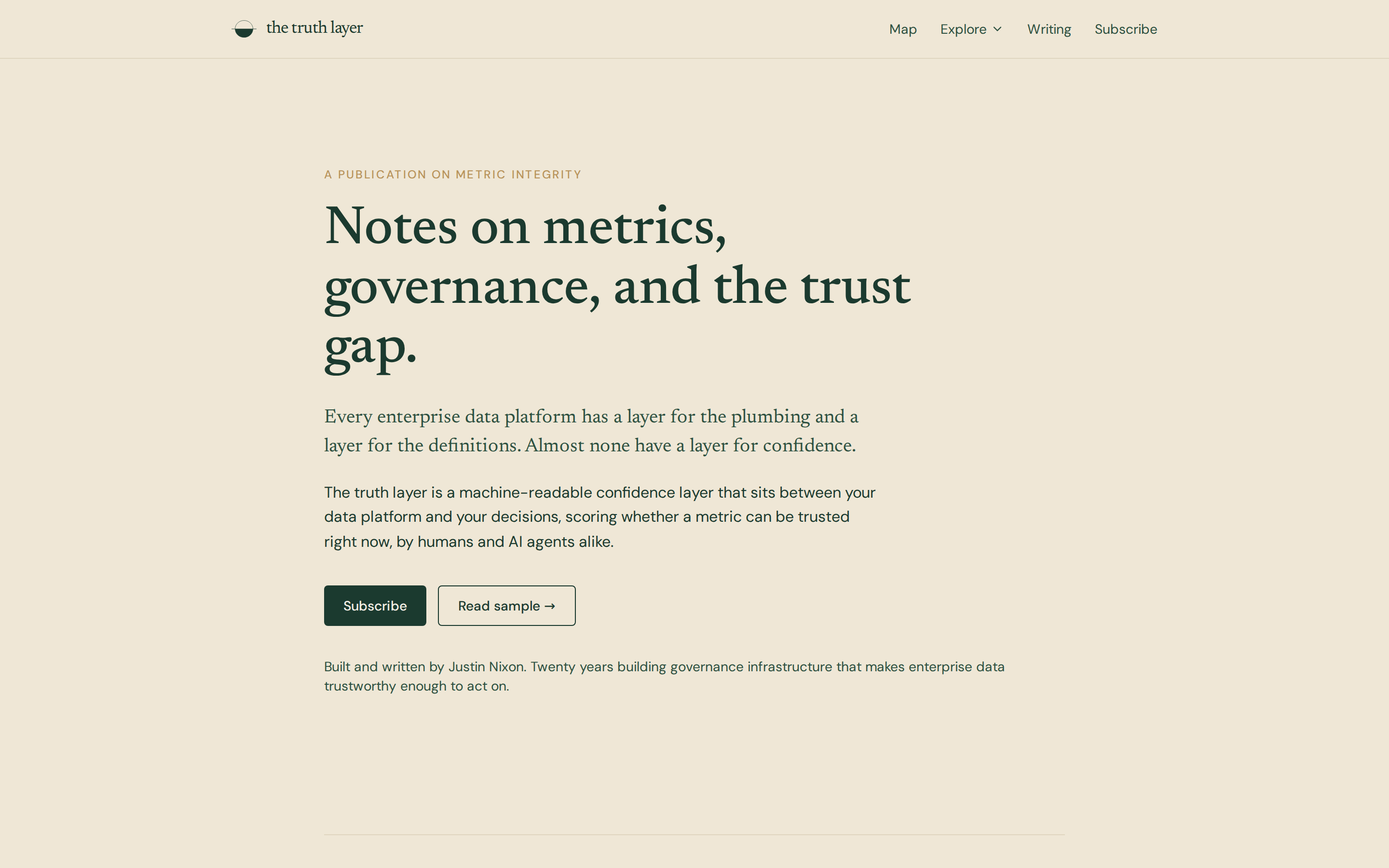 Cream home page with a large serif headline Notes on metrics, governance, and the trust gap, a Subscribe button and a Read sample button.
