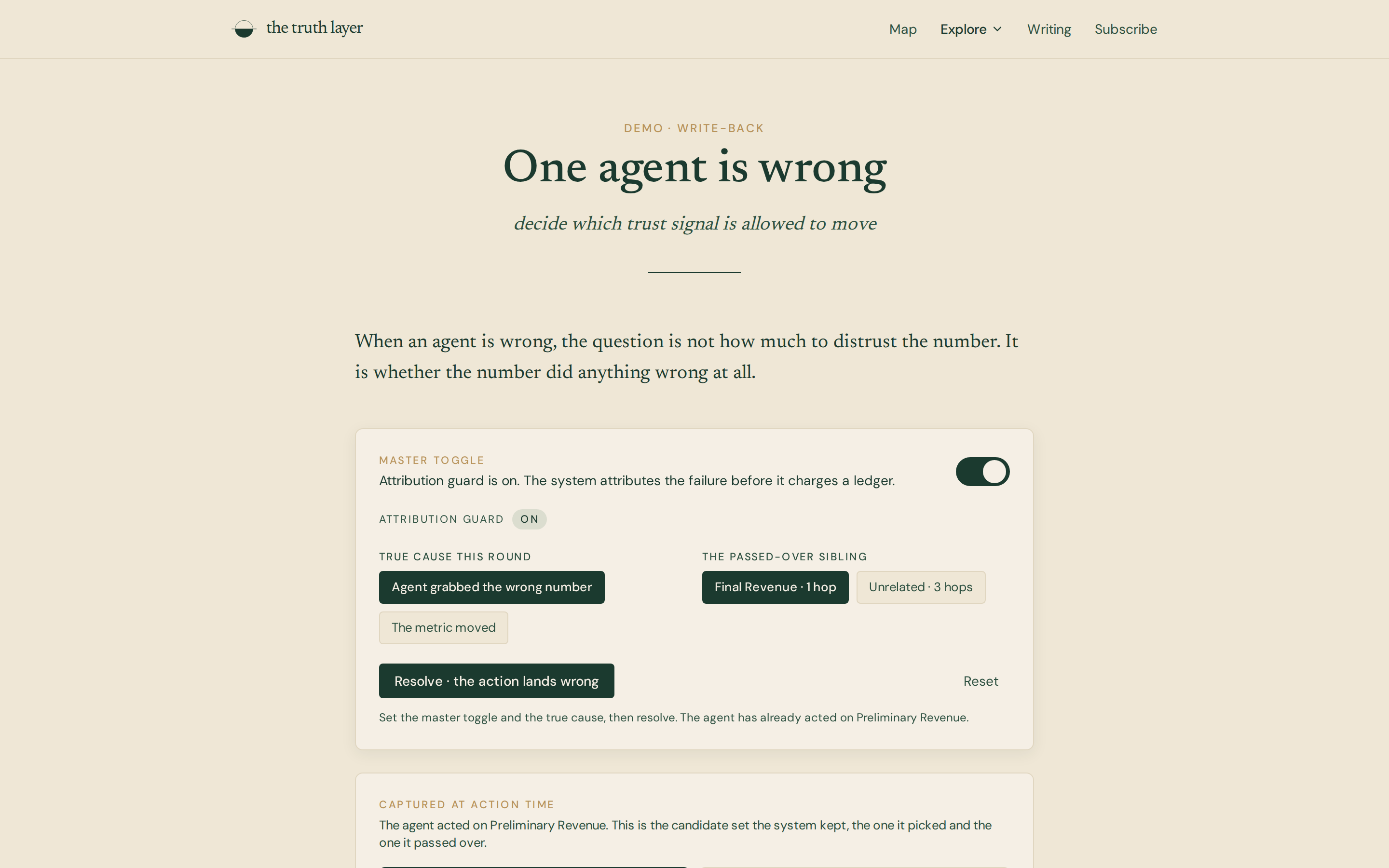 Web page titled One agent is wrong, a master toggle Attribution guard is on, and buttons for the true cause and the passed-over sibling.