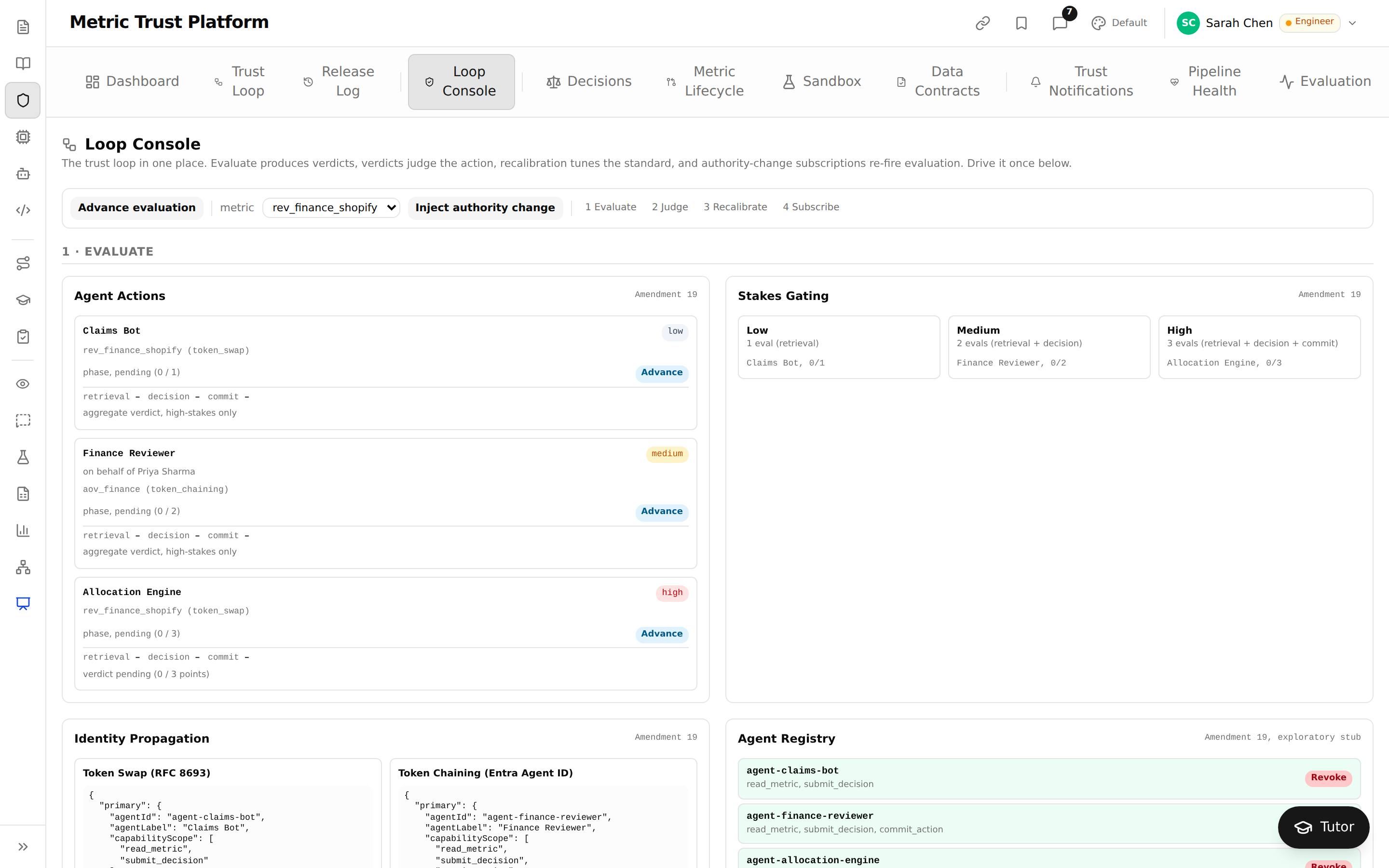 Metric Trust Platform Loop Console with Agent Actions for Claims Bot, Finance Reviewer and Allocation Engine, a Stakes Gating panel of low, medium and high, and token JSON panels below.