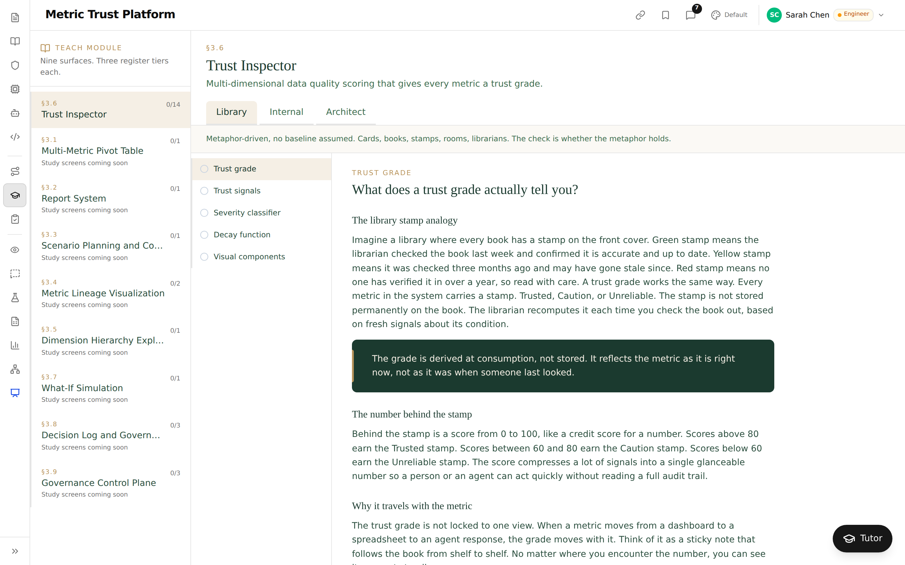 Metric Trust Platform Teach Module with a left list of nine sections, tabs Library, Internal and Architect, and prose about a library where every book carries a stamp.