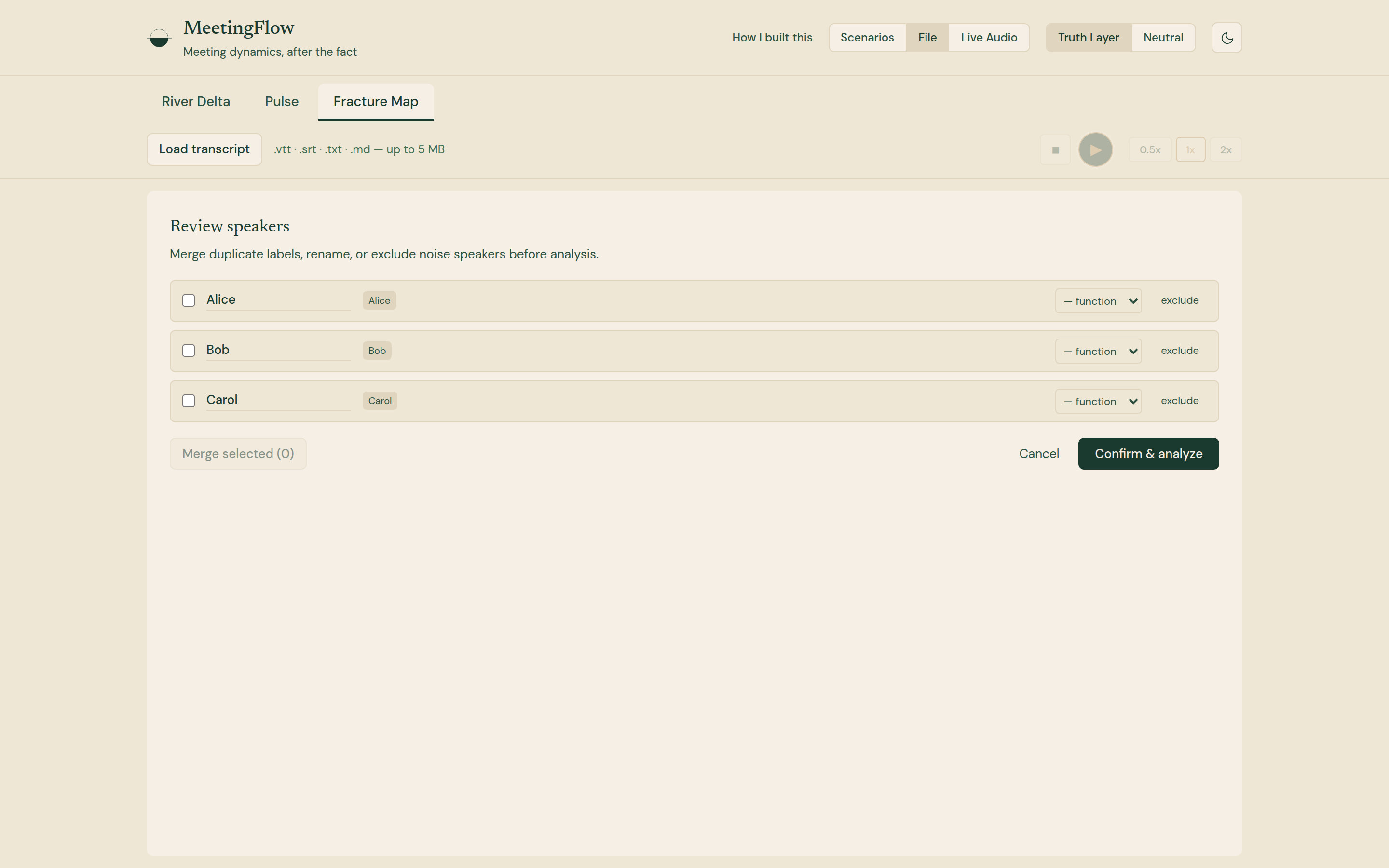 A Review speakers panel listing Alice, Bob and Carol with function dropdowns, exclude links, a Merge selected button and a Confirm and analyze button.