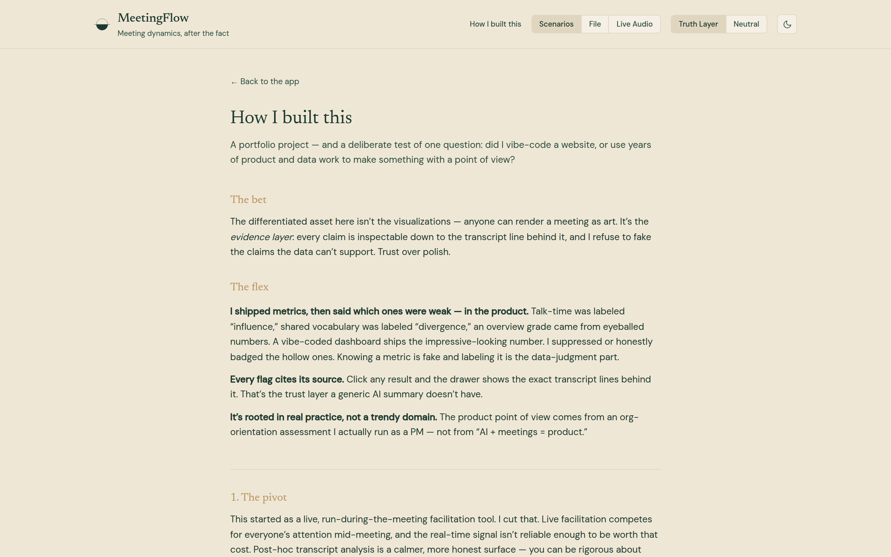 A long-form text page titled How I built this with sections The bet, The flex and 1. The pivot.