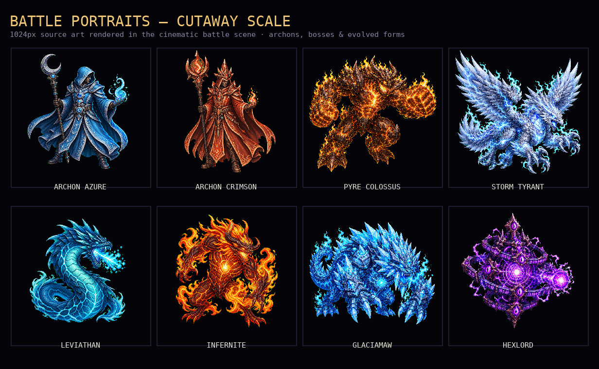 Eight pixel-art creature portraits on black, labelled Archon Azure, Archon Crimson, Pyre Colossus, Storm Tyrant, Leviathan, Infernite, Glaciamaw and Hexlord.