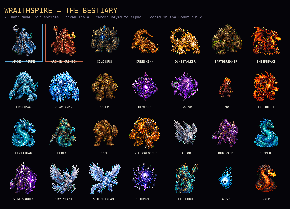A grid of twenty-eight small pixel-art monsters on black with names beneath, from Archon Azure to Wyrm.