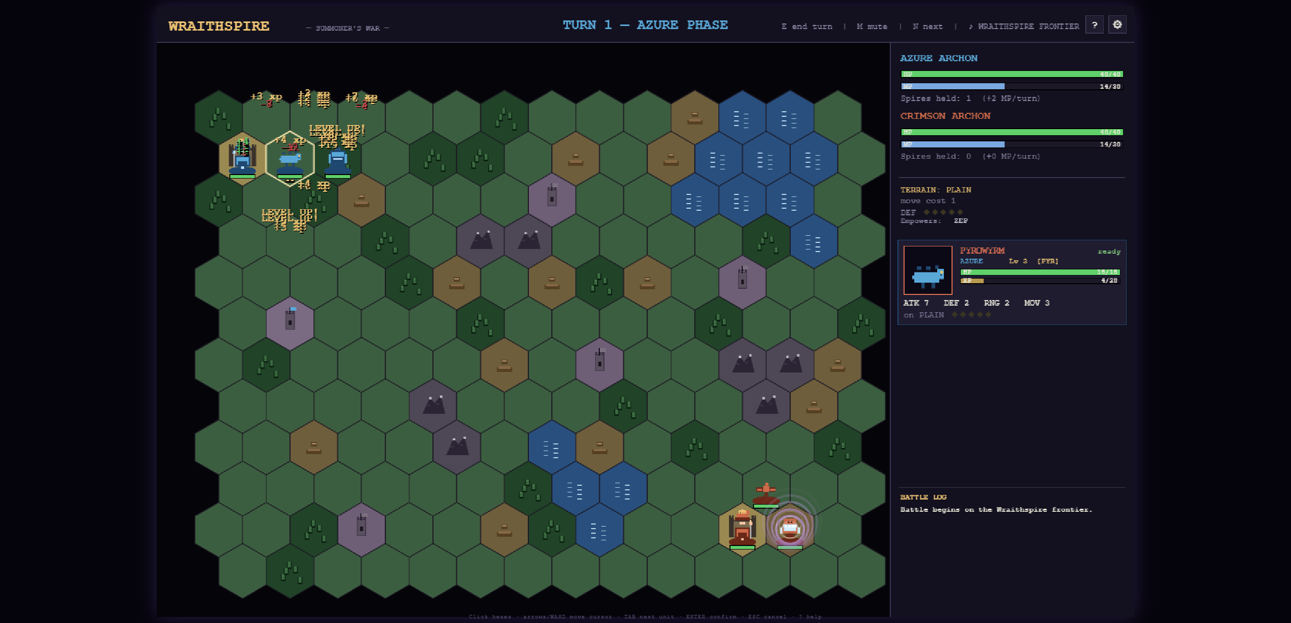 A hex-grid tactics map in greens, browns and blues with level-up text over units, panels for Azure Archon and Crimson Archon, a Pyrowyrm unit card and a battle log.